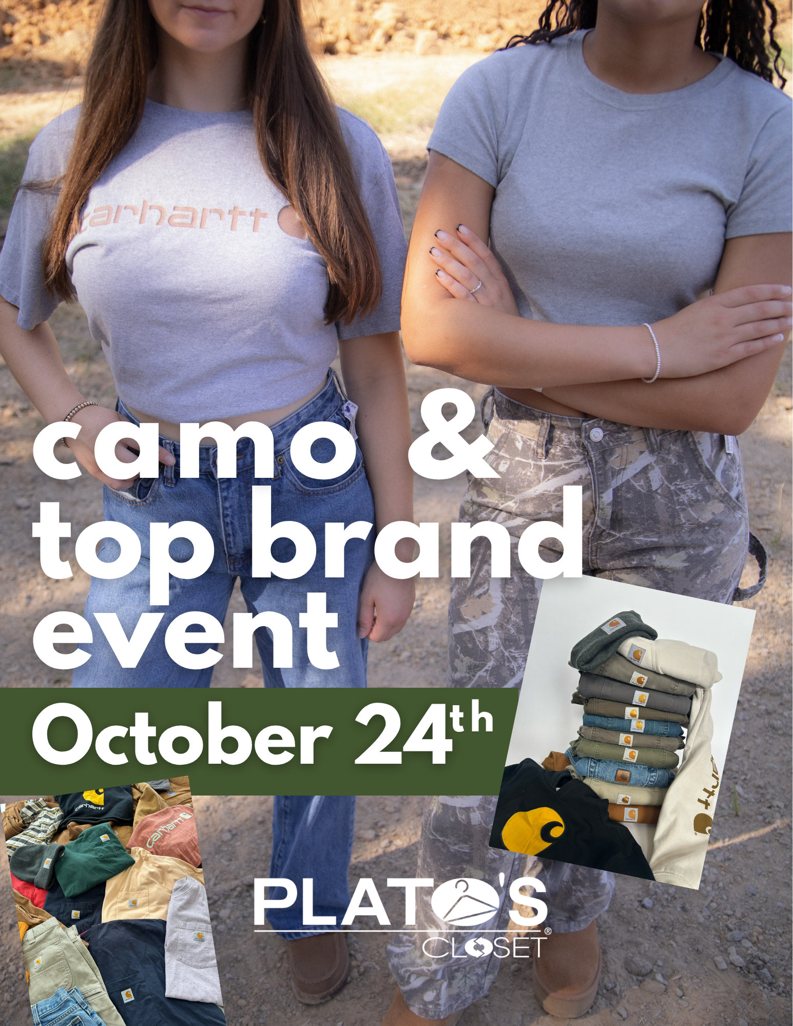 Fall is calling! Join us October 24th at Plato’s Closet for our Camo & Carhartt Event! Shop coats, jackets, hoodies, and more to get fall-ready — up to 70% OFF mall prices! Whether you’re looking for classic Carhartt or the perfect camo piece, this is your chance to stock up for fall without breaking the bank. Don’t wait — the best finds go fast!